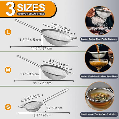 Anaeat Fine Mesh Strainers - Premium Stainless Steel Colander Sieve Sifters, with Durable Mesh and Sturdy Handle, Excellent for Sifting Dry ingredients, Flour, Pastas, Rice, Tea (3.15"+5.5"+7.87")