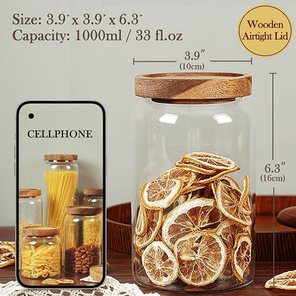 Labina Glass Storage Container Airtight Food Jars Kitchen Canister with Wood Lids, 33 Oz Wide Mouth Pantry Organization Glass Jar for Flour, Sugar, Cookie, Spagetti, Nuts and Candy (2 Pack)