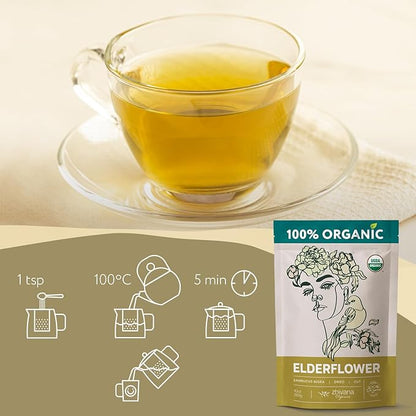 Elderflower Tea (10oz.) - Organic Dried Elderflowers - Elder Flowers Dried Herbs, Te de Sauco, Flor De Sauco Organico - Respiratory Tea - Great for Allergy