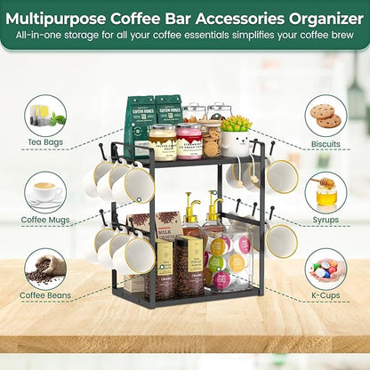 EsLuker.ly 2 Tier Coffee Mug Holder Station Bar Organizer Countertop, Mug Cup Tree Rack for Kitchen Office, Storage Shelf with 12 Hooks, Creat Stylish Coffee Corner, Black