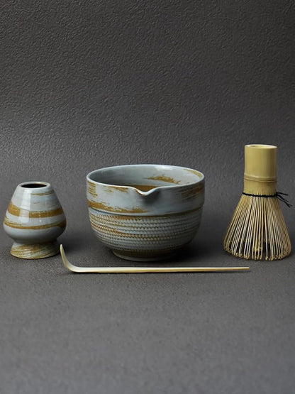 Matcha Tea Set – 4 Piece Traditional Japanese Matcha Kit with Pouring Spout Bowl, Whisk, Holder, Scoop & Guide – Ceramic Matcha Bowl for Authentic Tea Ceremony & Daily Ritual