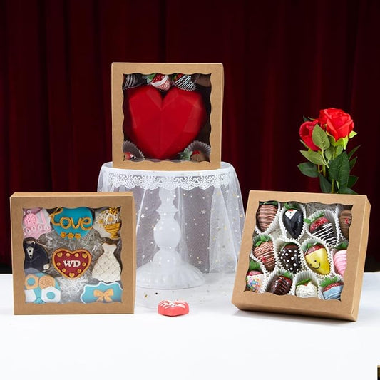 50pcs 8x8x2 Inches Brown Bakery Boxes with Window - Perfect for Cookies, Chocolate Covered Strawberries, Cakesicles & More