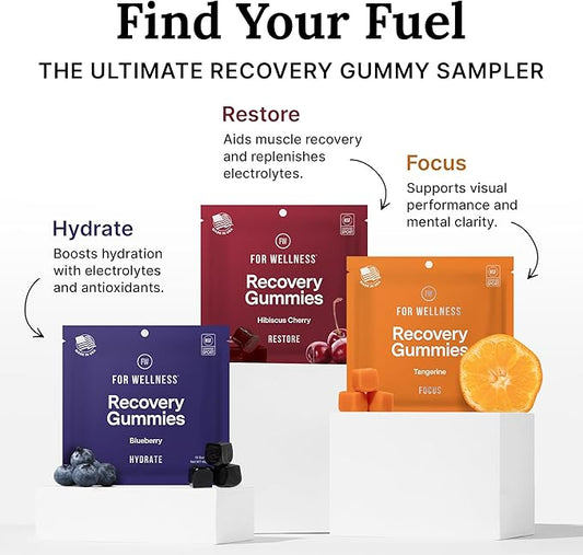 For Wellness Recovery Gummies Variety Pack | Restore, Hydrate & Focus | Gummy Supplements for Post-Workout Recovery, Hydration, Vision & Focus | Vegan, Non-GMO | 3 Pack