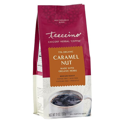 Teeccino Caramel Nut Chicory Coffee Alternative - Ground Herbal Coffee That’s Prebiotic, Caffeine Free & Acid Free, Medium Roast, 11 Ounce