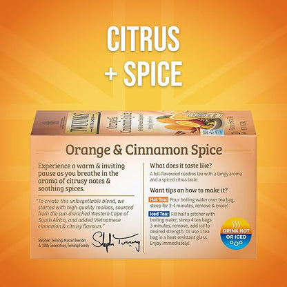 Twinings Orange & Cinnamon Spice Herbal Tea Individually Wrapped Bags, 20 Count (Pack of 1), Naturally Caffeine-Free, Enjoy Hot or Iced, 20 Teabags