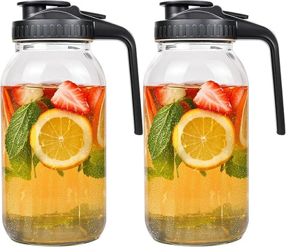 2-Pack 64oz Glass Mason Jar Pitchers with Leak-Proof Lids and Handles – Wide Mouth Design for Sun Tea, Cold Brew, Lemonade, Juice, Iced Tea, and Water