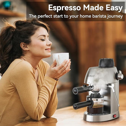 Queyd 3.5 Bar Espresso Machine,4-Cup Stainless Steel Coffee Maker with Steam Milk Frother, Compact Design Coffee Machine with Removable Drip Tray for Latte and Cappuccino, Silver