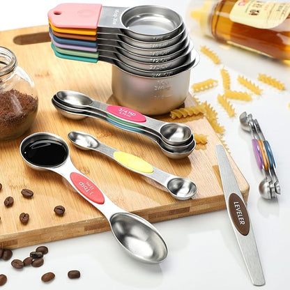 Magnetic Measuring Cups and Spoons Set of 16 Including 7 Stainless Steel Stackable Magnetic Measuring Cup 8 Magnetic Measuring Spoon with Leveler for Measuring Dry Liquid Ingredient