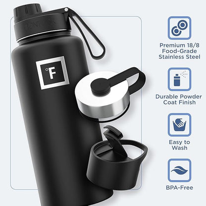 IRON °FLASK Camping & Hiking Hydration Flask with 3 Lids - Stainless Steel, Double Walled & Vacuum Insulated Water Bottle - Leak Proof & BPA Free (Fire, Spout - 32 oz)