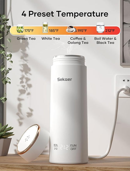 Sekaer Mini Travel Portable Electric Kettle, Small Tea Kettle Hot Water Boiler, 330mL & 304 Stainless Steel, with 4 Variable Presets and Auto Shut-Off, SEK-833