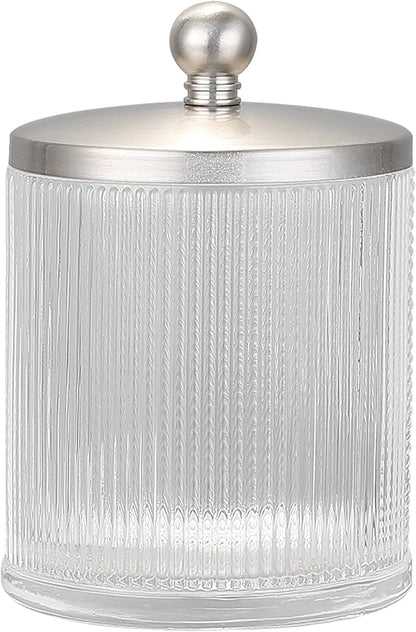 Glass Jar with Metal Lid for Bathroom Organization, Clear Apothecary Jar for Cotton Balls, Q Tips, and Small Accessories, Stylish Bathroom Storage Container Nickel, Clear