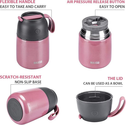 Insulated Thermo Food Jar for Hot & Cold Food for Kids Adult, 17&24 oz Soup Thermal Hot Food Containers for Lunch, Triple Layer Insulation Stainless Steel Food Jar with Spoon (2 Pack Pink)
