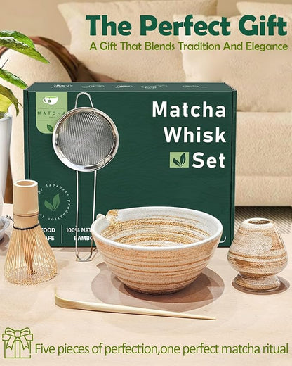 Matcha Whisk Set with Matcha Bowl, Matcha Whisk Holder Matcha Bamboo Whisks, Scoop, Sifter, Unique Gifts for Women Men Girl Friend Home Kitchen Decor Gifts for Tea Enthusiasts Christmas