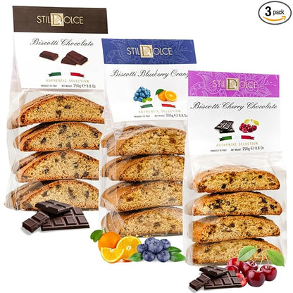 Stildolce Semi-Soft Italian Biscotti Cookies Variety Pack – Chocolate, Blueberry Orange, Chocolate Cherry | Made in Tuscany, Italy | Gourmet Biscuits, No Preservatives, 8.8 oz Bags, Pack of 3