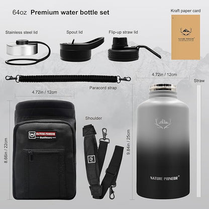 NATURE PIONEOR Insulated Water Bottles with Straw - 64oz Stainless Steel Vacuum Bottle with Holder/Carrier/Sleeve - Reusable 18/8 Food Grade Half Gallon Water Jug