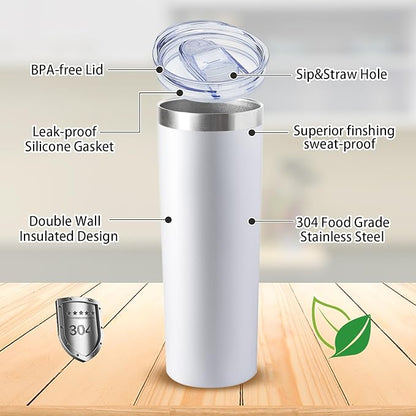20 oz Skinny Tumbler with Lid and Straw,Stainless Steel Vacuum Insulated Tumbler Cup Double Wall Leak-proof Coffee Mug,Travel Thermal Water Tumbler for Home,Office,Outdoor(White,1)
