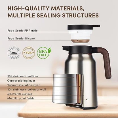 Vondior Coffee Carafe 65oz - 36 Hours Thermal Coffee Thermos- Insulated 304 Stainless Steel Hot Beverage Dispenser - Coffee Carafes For Keeping Hot/Cold Coffee, Tea, Water, Drink Dispenser for Parties