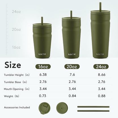 COKTIK 24oz Insulated Tumbler with Lid and Straw 2 Lids (Straw/Flip) Iced Coffee Cup Reusable Stainless Steel Travel Mug Water Bottle Cupholder Friendly for Women Men Her Him (Olive)