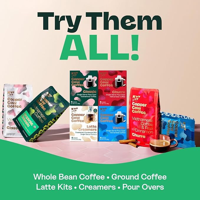 Copper Cow Premium Pour Over Single-Serve Vietnamese Coffee | Vanilla | Dark Roast | Flavored with Vanilla Beans | Includes 8 Coffees