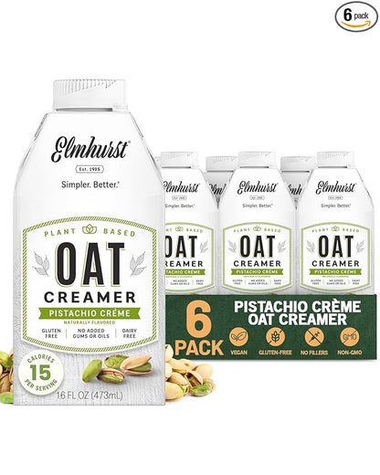 Elmhurst 1925 Pistachio Crème Oat Creamer - 16 Ounce (Pack of 6) Dairy-Free, Vegan, Kosher, Low Sugar, Shelf Stable Creamer Made with Oat Grains & Pistachios for Simpler Plant Based Alternatives