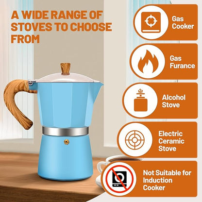 6 Cup Aluminum Espresso Stovetop Moka Pot Express Coffee Maker Percolator Italian Classic Mocha Coffee Machine for Italian and Cuban Cafe Brewing for Home & Camping 300ml 10oz