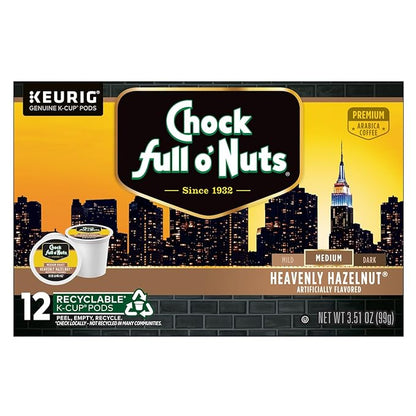 Chock Full o'Nuts Heavenly Hazelnut Coffee, Compatible with K-Cup Pods, 12 CT (Pack of 2)