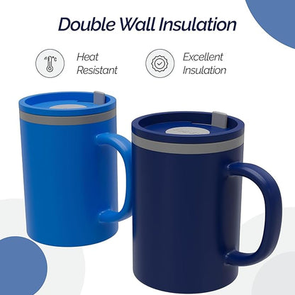 Copco Iconic 16oz Double Wall Insulated Desk Mug with Lid and Handle, Set of 2, BPA-Free Reusable Plastic, Spill-Proof, Microwave & Dishwasher Safe, Wide Mouth, Cup Holder Friendly (Navy/Blue)