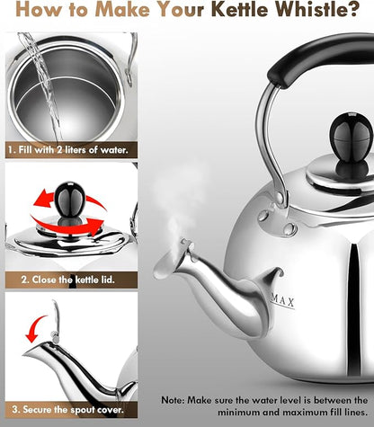 Whistling Tea Kettle Stovetop - 2.3 Quart Round Tea Pot for Stovetop, Silver Mirror Polished Classic Stovetop Kettle, Food Grade Material Teapot for Stove Top