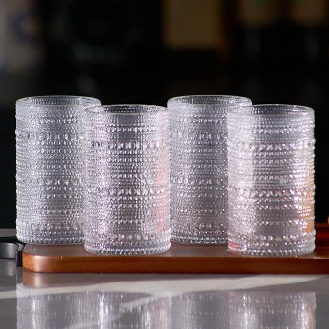LEMONSODA Hobnail Highball Glasses Set of 4 – Vintage Clear Drinking Glass Cups 15oz – Textured Tall Retro Glassware Tumblers for Water, Iced Coffee, Cocktails, Soda, Juice (Highball 15oz, Set of 4)