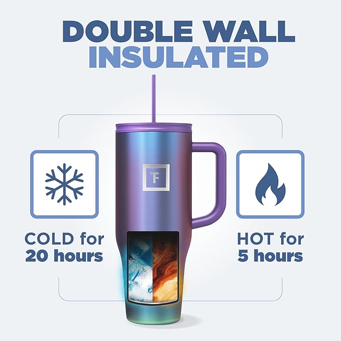 IRON °FLASK Co-Pilot Insulated Mug w/Straw & Flip Cap Lids - Cup Holder Bottle for Hot, Cold Drink - Leak-Proof - Water, Coffee Portable Travel Mug - Aurora, 40 Oz