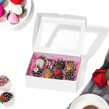 8x6x2.5 Inch 8PCS Baking Boxes with Window for Pastry,Treat,Macaron,Dount,Cookies,Chocolate Covered Strawberries,White Bakery Boxes Strawberry Boxes,Muffins
