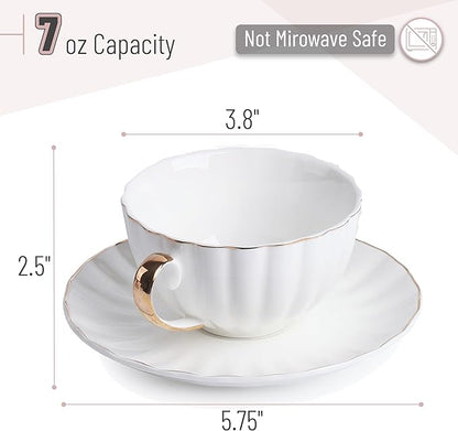 BTaT- White Tea Cups and Saucers Set of 12 (7 oz), Porcelain White Tea Cup Set of 12 with Golden Trim Design, Dishwasher Safe