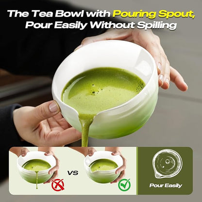 Matcha Whisk Set - 8 Pcs Tea Set with Bamboo Whisk and Holder, Ceramic Bowl, Bamboo Scoop and Spoon,Scoop Rest, Sifter & Tea Towel, Japanese Home Matcha Kit for Authentic Ceremony (Green)