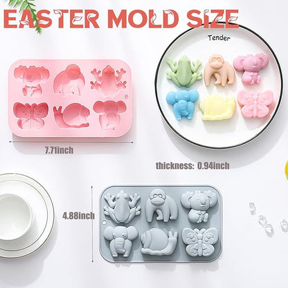 Animal Chocolate Mold Set - Food-Grade Silicone Baking Molds with Frog, Elephant, Monkey, Snail & Butterfly, Reusable for Kids Birthday Cakes, Jungle Party Treats & DIY Crafts - 2 Pack