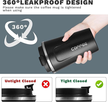 YINBAOGE Insulated Travel Coffee Mug Spill Proof Leak Proof Pobtable To Go Camping Stainless Steel Coffee Tumbler Reusable Coffee Cups with Lids Thermos for Hot and Cold Drink (2nd-Black, 12 OZ)