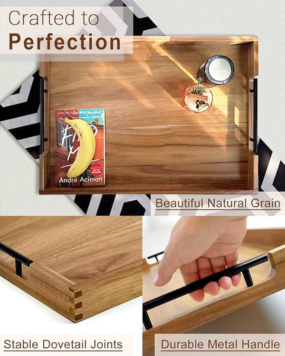 22 Inches Acacia Wood Serving Tray with Metal Handles, Large Wooden Rectangle Ottoman Tray, Decorative and Durable Design for Living Room Coffee Table Couch Kitchen