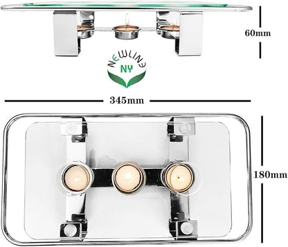NewlineNY Chrome Plated Glass Dish Warmer, Rectangular Glass-Top 3 Holes Tea Light Votive Candle Gourmet Food Warmer