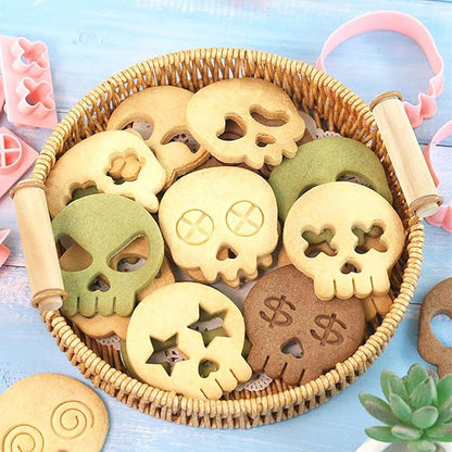Mini Skull Cookie Cutter Set, Interchangeable DIY Halloween & Día de los Muertos Biscuit Stamps, 3D Raised Design Molds for Cookie Decorating, Cupcakes, Day of the Dead Pastries & Party Treats