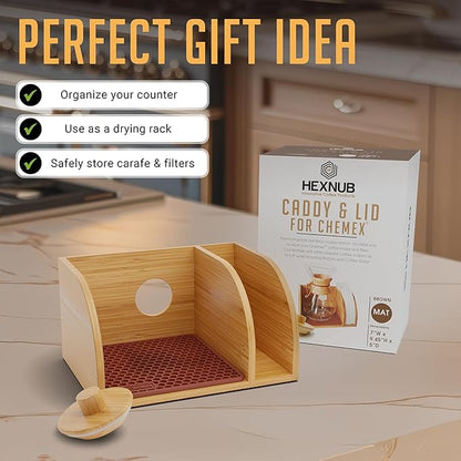 HEXNUB Caddy and Lid for Pour Over Coffee Maker, Bamboo Stand fits Chemex, Bodum, Cosori Carafes, Heatproof Mat, Filter Holder for Drip Coffee Maker - Brown Mat