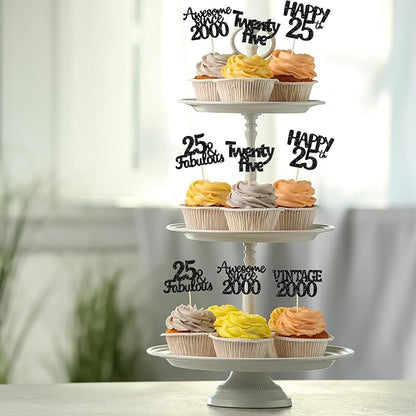 Gyufise 30Pcs Vintage 2000 Cupcake Toppers Glitter 25th Birthday Cake Decorations - Black