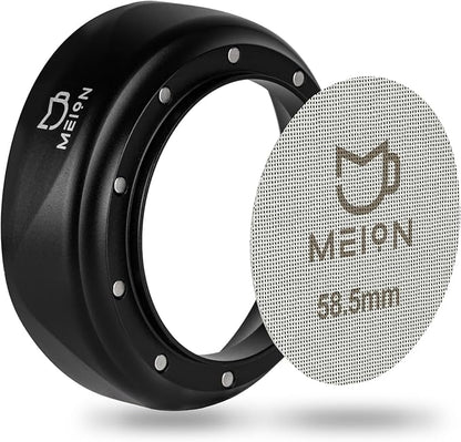 MEION 58mm Espresso Dosing Funnel and 58.5mm Puck Screen Set for 58mm Portafilters, Magnetic Coffee Portafilter Funnel, Reusable Espresso Puck Screen, Espresso Tools Espresso Accessories (58mm, Black)