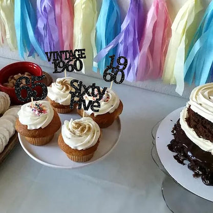 Gyufise 24Pcs Vintage 1960 Cupcake Toppers Glitter Cheers to 65 Fabulous Sixty Five Cupcake Picks 65th Birthday Wedding Anniversary Party Cake Decorations Supplies Black