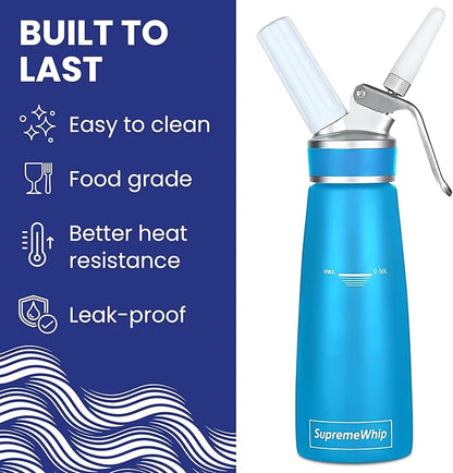 PRO Cream Dispenser, Durable High-Grip, Metal Lid with Rubber, 3 Nozzles, for Hot/Cold Use, Cleaning Brush Included, Blue - 500 ml / 1 Pint