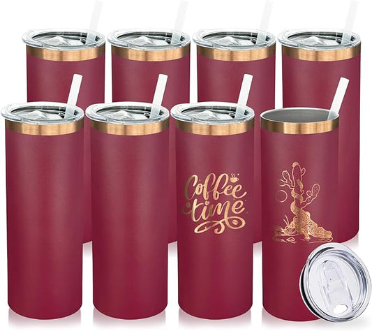 20 oz Skinny Tumblers Bulk 8 Pack, Stainless Steel Insulated Tumbler with Lids and Straws, Slim Double Wall Powder Coated Travel Coffee Mugs Reusable Cup for Hot Cold Drinks (Red,8 pack)