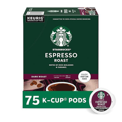 Starbucks K-Cup Coffee Pods, Dark Roast Coffee, Espresso Roast for Keurig Coffee Makers, 100% Arabica, 1 Box (75 Pods)