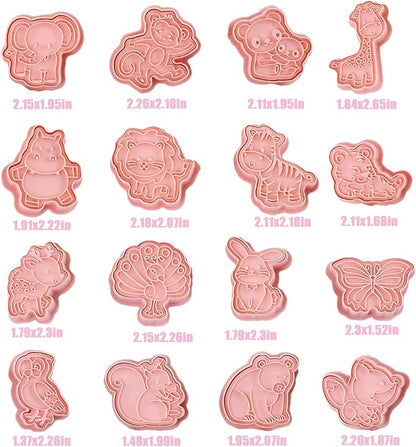 16pcs Animal Cookie Cutter Stamps Set, Lion, Panda, Forest Themed Plunger Stampers for Baking, Plastic Biscuit Molds for DIY Cookies, Cake Decor(J16)