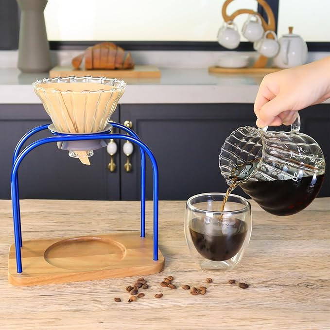 SOTECH Pour on coffee drips, filter Wooden stand Glass sharing pot with paper filter, coffee, tea and saffron set (blove)