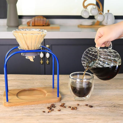 SOTECH Pour on coffee drips, filter Wooden stand Glass sharing pot with paper filter, coffee, tea and saffron set (blove)