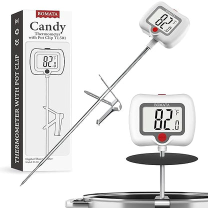 BOMATA Candy Thermometer with Pot Clip, Instant Read Cooking Thermometer with 8" Long Probe, Rotating Display, for Candy Making, Food, Candle Making, Liquids, Water, Baking, Sugar, Grilling. White