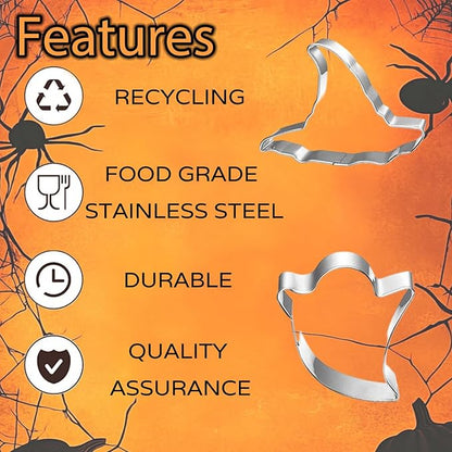 5-PIECE Halloween Cookie Cutters Set Stainless Steel cookie cutter molds Pumpkin, Bat, Ghost, Witch's Hat, Cat Cat Cookie Cutters Holiday Decorative Party Supplies